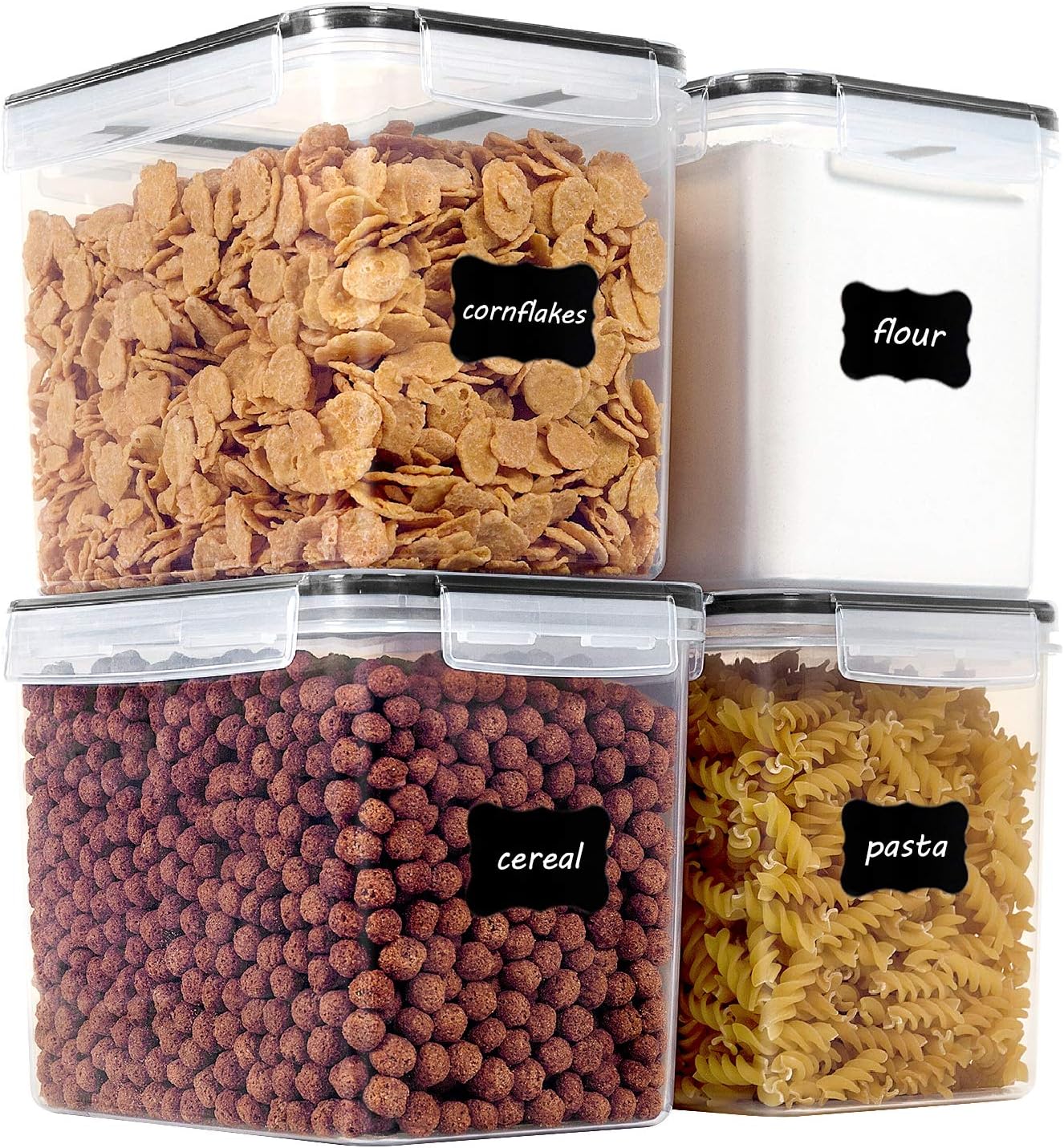 Vtopmart Food Storage Containers 3.3 quart / 3.6L, 4 Pieces BPA Free Plastic Airtight Canister for Flour, Sugar, Baking Supplies, with 4 Measuring Cups and 24 Labels,Black