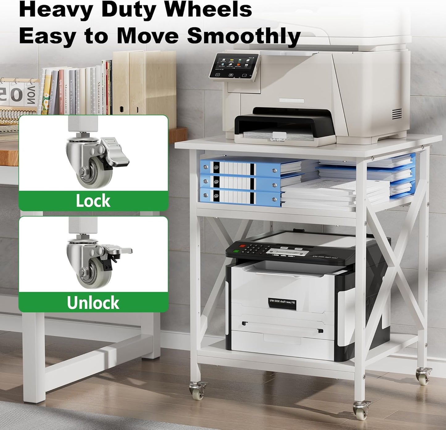 Ollieroo 3 Tier Printer Stand, Large Table with Wheels, Rolling Cart with Height Adjustable Middle Storage Shelf, 23.6 x 23.6 x 30.3 Inches Shelf for Home Office, White