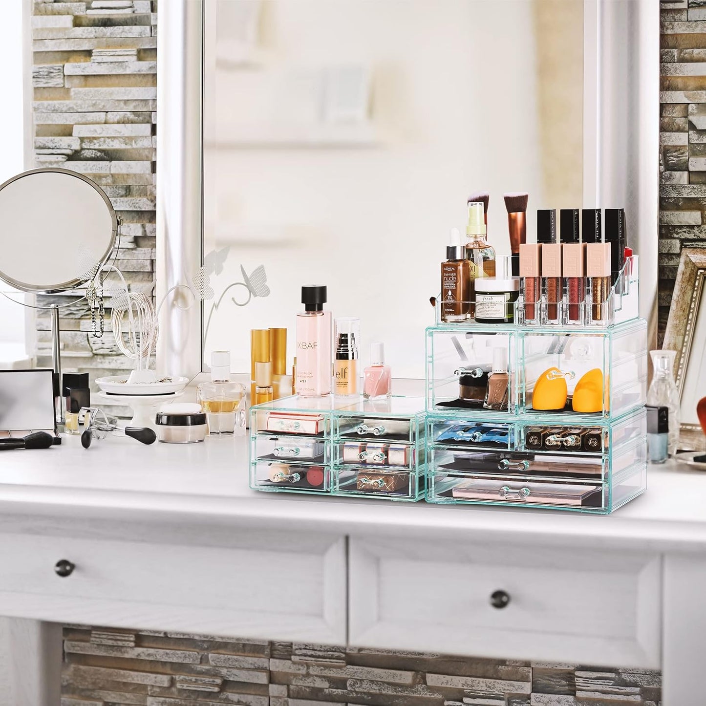 Sorbus Large Makeup Organizer - Clear Stackable Jewelry & Makeup Organizer For Vanity, Bathroom Storage, Dresser - 12 Drawers Cosmetic Beauty Organizers and Storage with Lipstick, Makeup Brush Holder