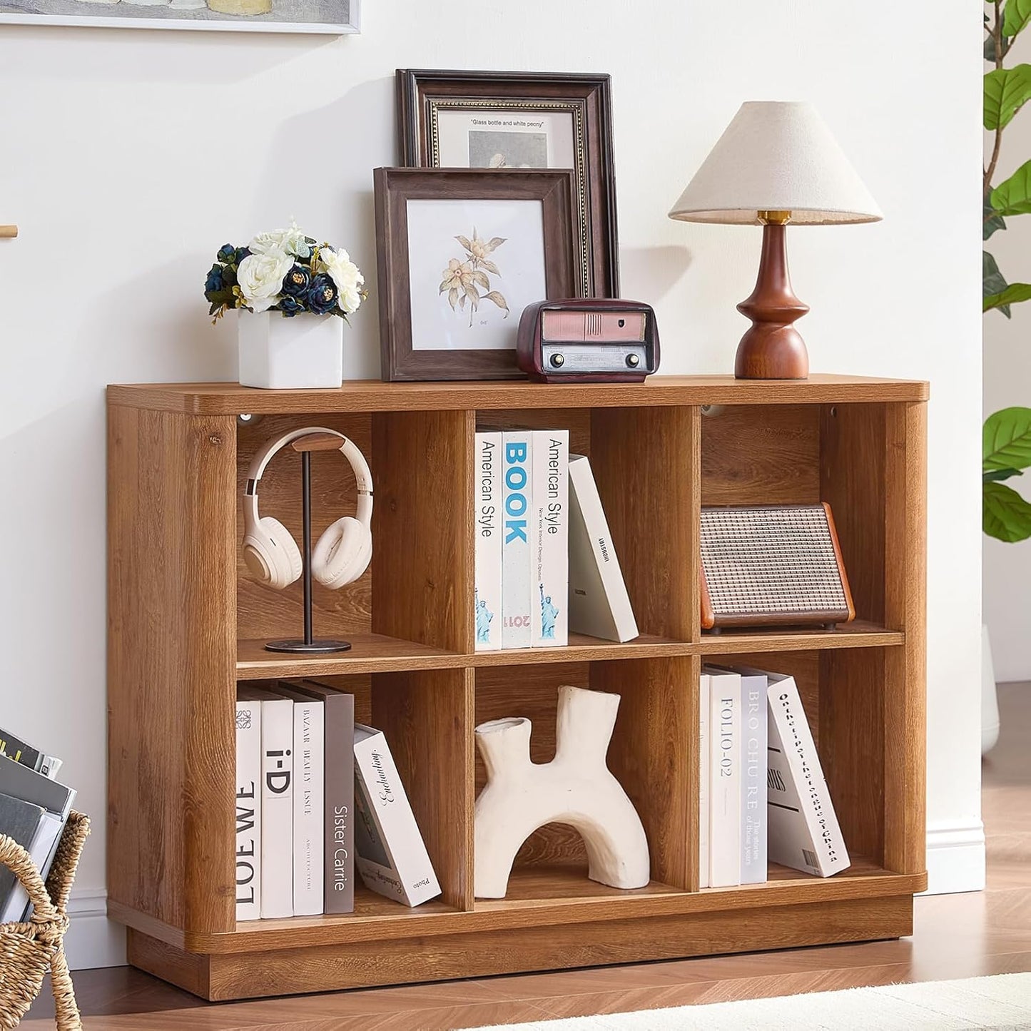 6 Cube Storage Organizer, 40" Wide Low Horizontal Book Shelf with Curved Edge, Floor Standing 2-Tier Wooden Bookshelf with Base, Modern Short Lattice Bookcase for Bedroom, Home Office, Brown