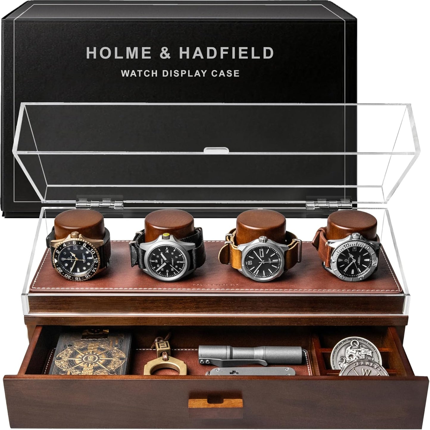 Holme & Hadfield Premium 4 Slot Watch Box for Men - Wooden Watch Display Case with Hinged Cover, Leather Lining & Drawer - Watch Holder Organizer Stand - Handcrafted Luxury Christmas Gift for Men