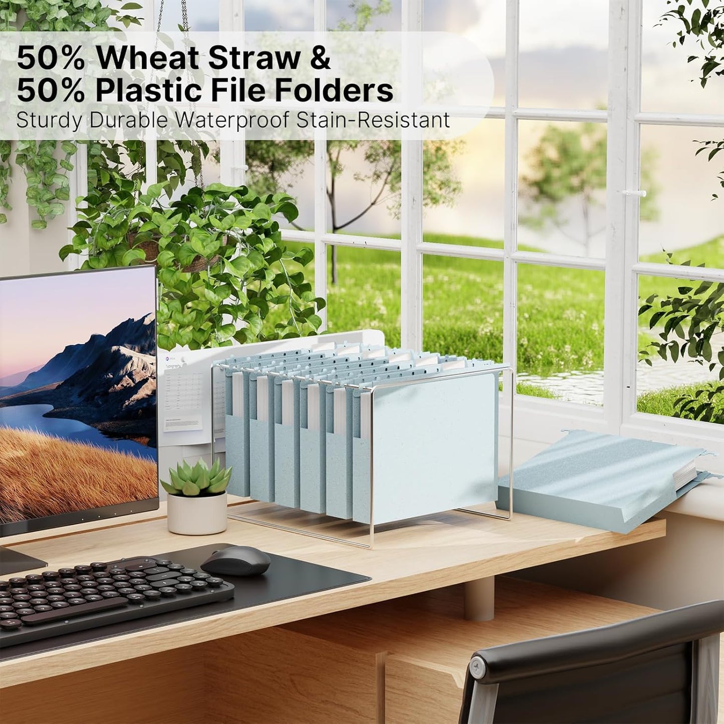 Extra Capacity Hanging File Folder Letter Size,12 Pack Heavy Duty 1 Inch Expansion Filing Cabinet Folders,Wheat Straw Plastic Hang Folder, Reinforced Hanging File Organizer(Morandi Blue)