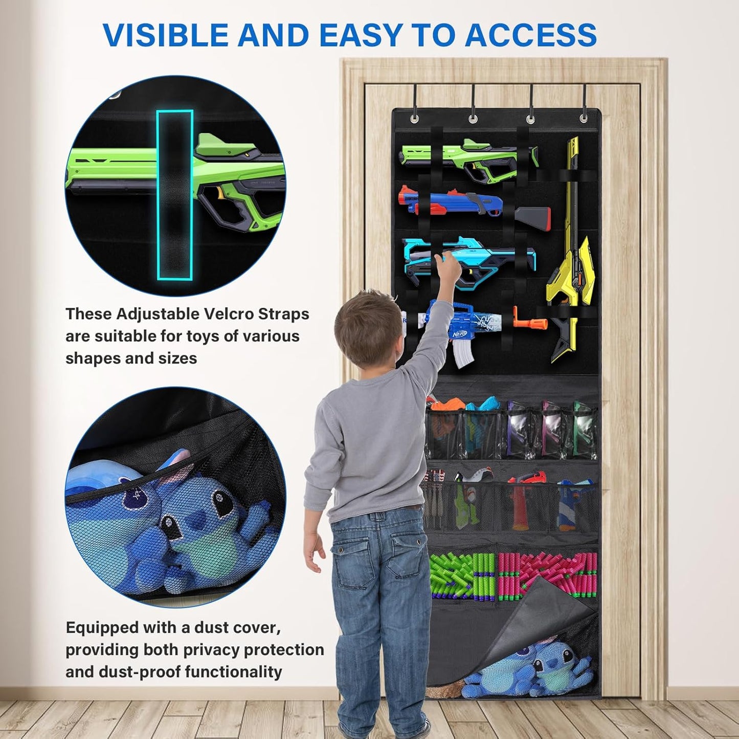 Over the Door Organizer for Toy Guns, Toys Storage Back of Door Hanging Organizer with Large Capacity Pockets and Adjustable Straps, for Kids Foam Blasters, Darts, Goggles and Toys Gun Accessories