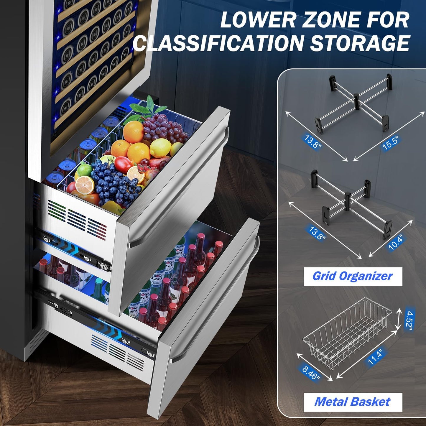 24 Inch Wide Wine and Beverage Refrigerator With Dual Drawer, 2 IN 1 Dual Zone Wine Cooler, Built-In or Freestanding Beverage Fridge, for Home Bar Kitchen, Hold Up To 107 Bottles and 149Cans