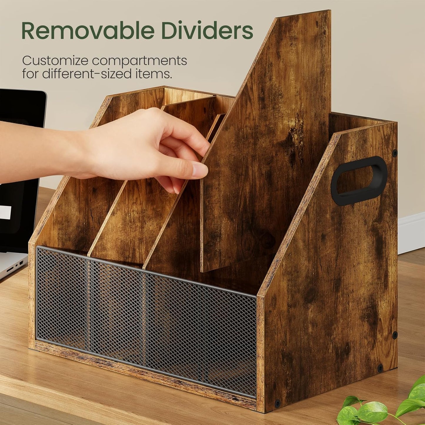 Wooden Desktop File Organizer with Removable Dividers, Mesh Front Panel for Paper, Mail, Magazine, Home Office Desk Storage, Easy Assembly, Rustic Brown MWJ06FG