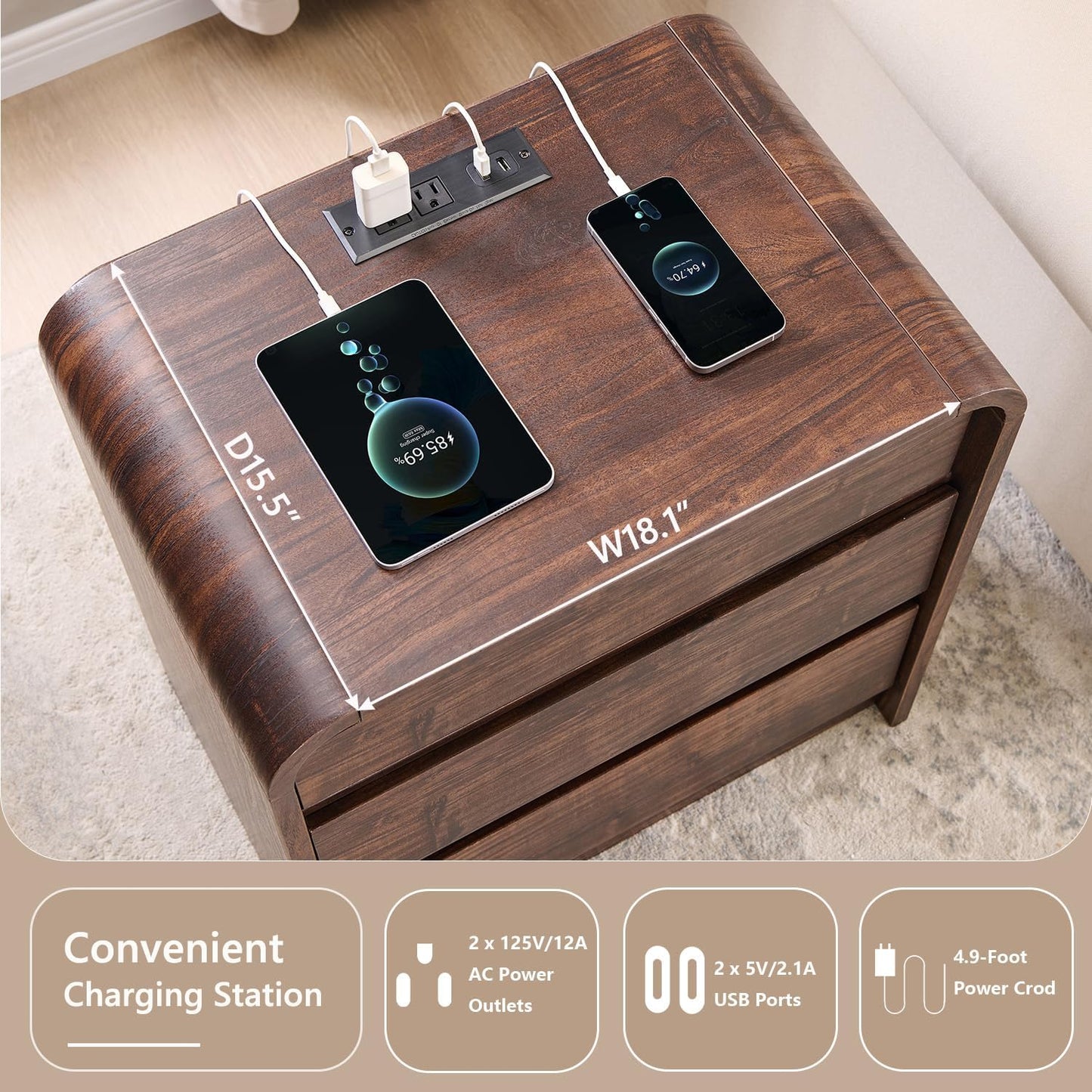 25" Tall Modern Nightstand with Charging Station, 23.6'' Wide Wood Bedside Table w/3 Storage Drawers, Small Dresser w/Curved Profile Design, End Table for Bedroom, Brown