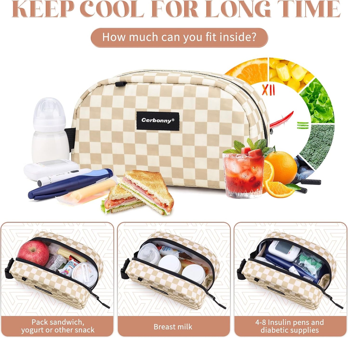 Cerbonny Reusable Lunch Bag, Khaki Checkerboard, 2.5L, Insulated, Leak Proof, Zipper Closure, 2 Compartments, Perfect for Picnic, Work, School, Travel