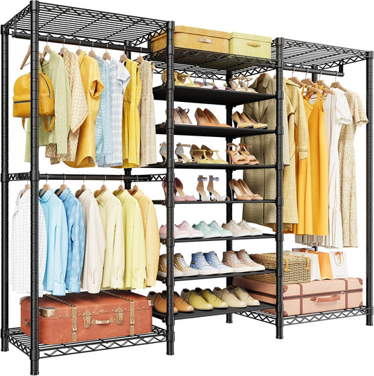 E16 Heavy Duty Clothing Rack（with 7-Tier Adjustable Shoe Rack） Freestanding Clothes Rack for Hanging Clothes，Metal Closet Storage Organizer Large Wardrobe，69'' W x 15.8'' D x 76.2'' H，Black