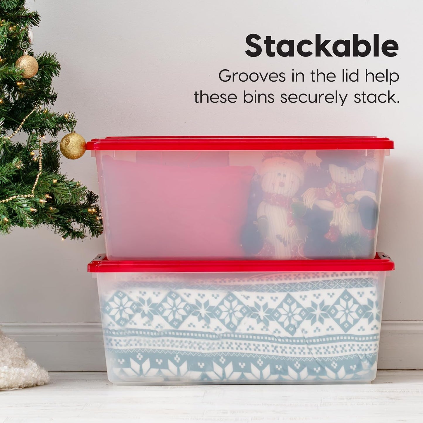 IRIS USA 91 Qt. Stackable Plastic Storage Bins with Lids, 4 Pack - BPA-Free, See-Through Organizing Solution, Latches, Durable Nestable Containers, Secure Pull Handle, Made in USA - Red