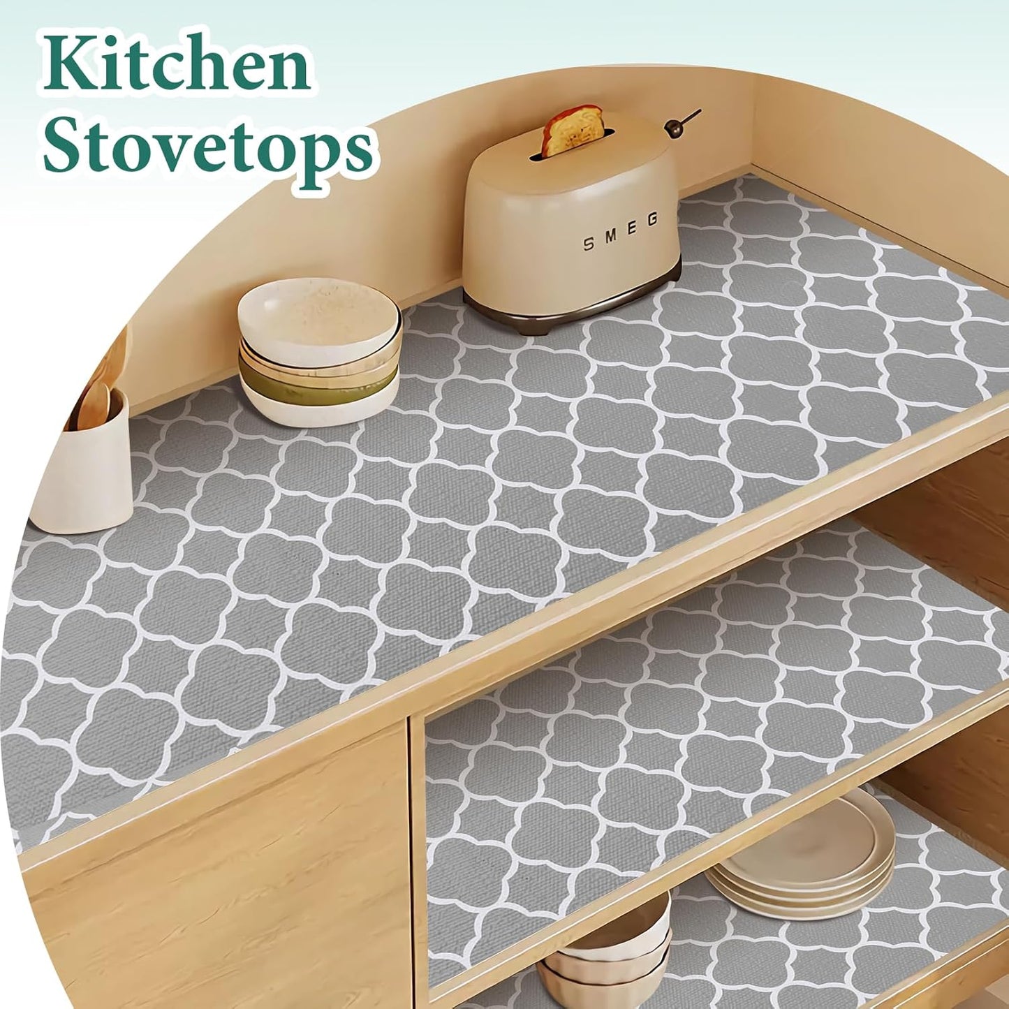Shelf Liners for Kitchen Cabinets 12in x 20FT Non Adhesive Drawer Liner Gray Quatrefoil Thickened Shelf Liner Paper Strong Non-Slip Easy to Clean for Tool Box Refrigerator with Knife and Tape Measure