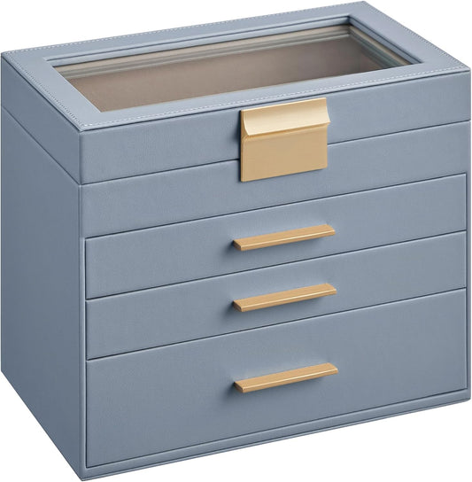SONGMICS Jewelry Box Organizer with Glass Lid, 4-Layer Jewelry Storage, with 3 Drawers, Modern Style, Christmas Gift, 6 x 9.9 x 8.5 Inches, Smoky Blue and Gold Color UJBC161Q01