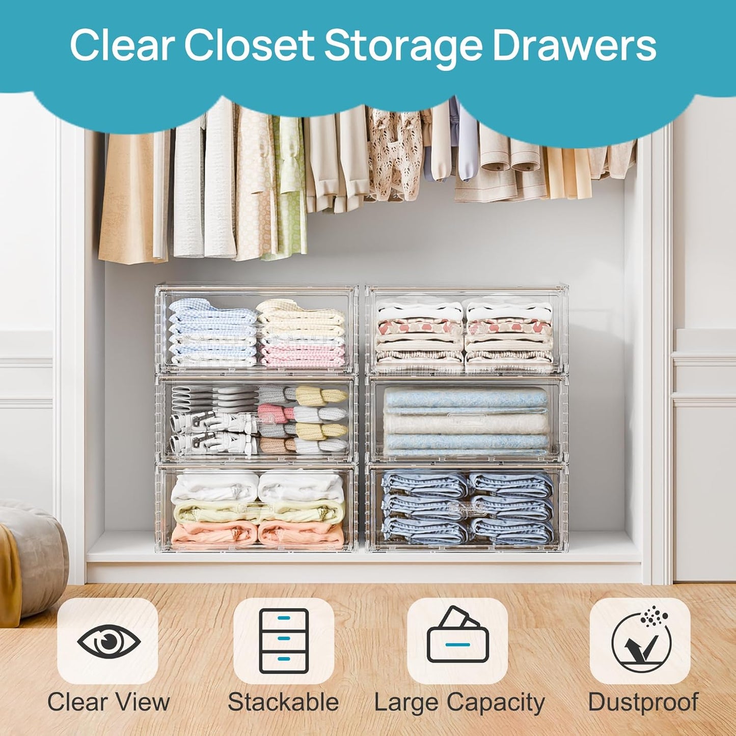 Vtopmart 4 Pack Large Clear Stackable Storage Drawers 27QT, Easily Assemble Plastic Closet Storage Bins, Dust-Proof UnderBed Organizer for Clothing, Sweater Organization