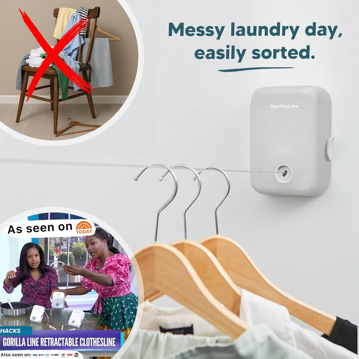 GorillaLine Retractable Clothesline, Indoor and Outdoor, Heavy Duty Wall Mounted Laundry Line, Space Saving Drying Rack for Towels, Sheets and Clothing, Stainless Steel, for Bathroom, Balcony or RV