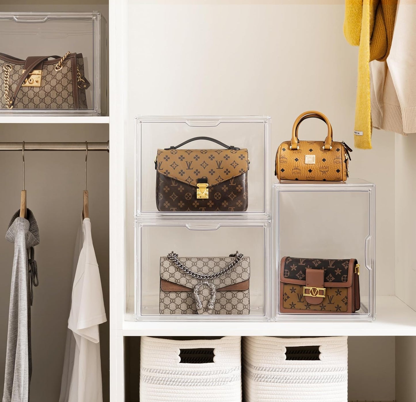 HBlife 1 Pack Purse Storage Organizer for Closet, Large Clear Stackable Handbag Display Case Box with Magnetic Door for Collectibles, Cosmetics, Women Heels and Toys