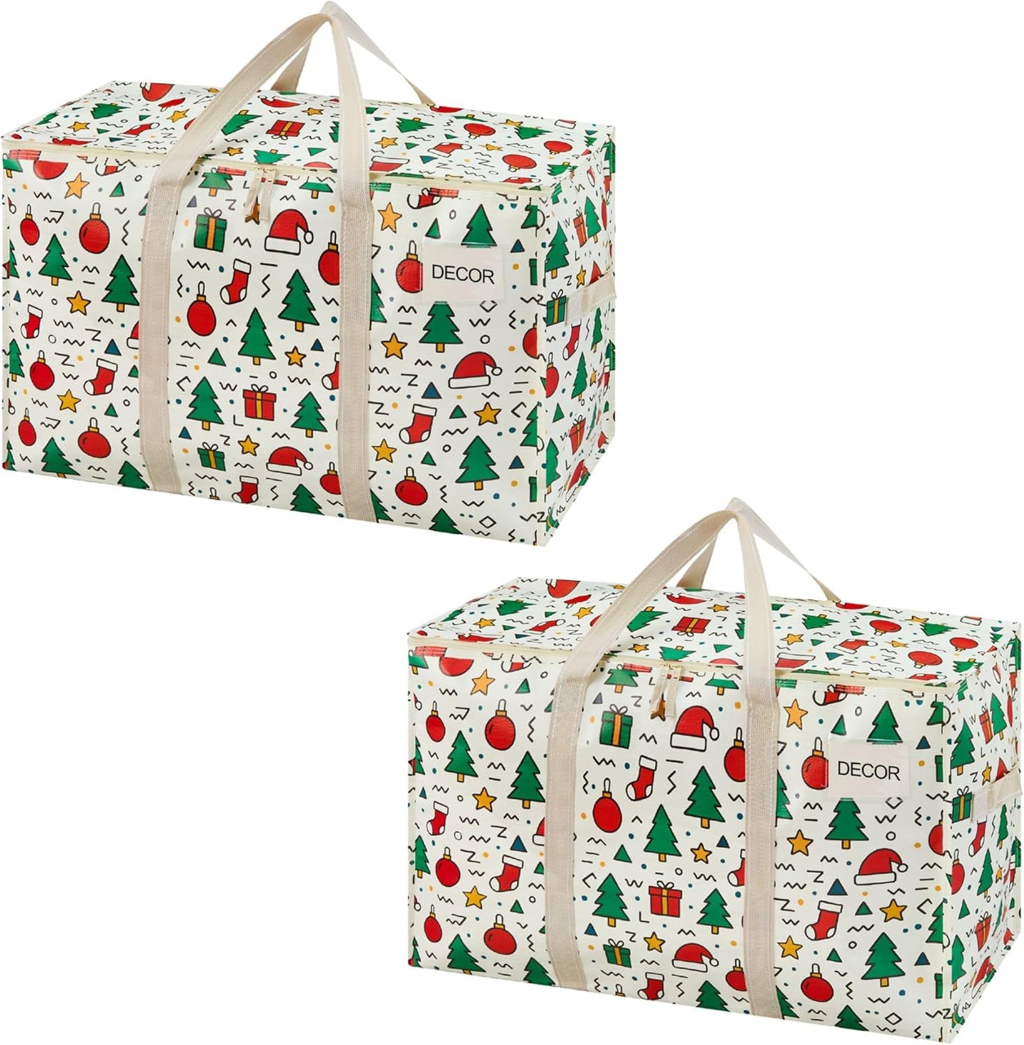 VENO 2 Pack Moving Bags and Large Christmas Storage Bins with lids. Alternative to Moving Boxes, Packing Supplies for College. Extra Large Heavy Duty Totes for Packaging (Jingle Mix, 2 Pack)