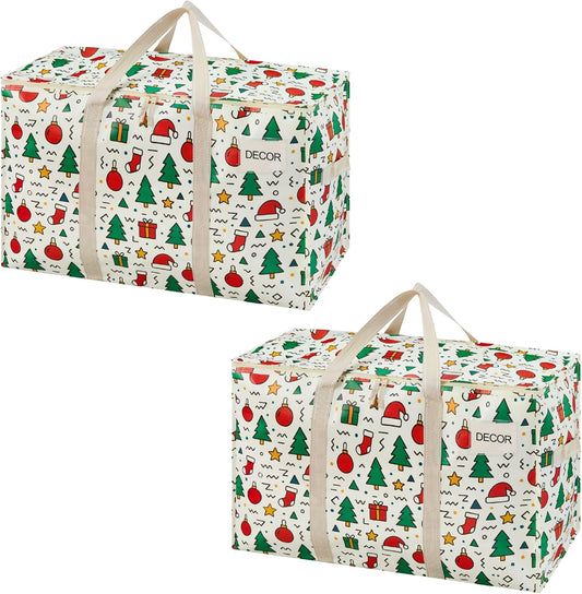 VENO 2 Pack Moving Bags and Large Christmas Storage Bins with lids. Alternative to Moving Boxes, Packing Supplies for College. Extra Large Heavy Duty Totes for Packaging (Jingle Mix, 2 Pack)