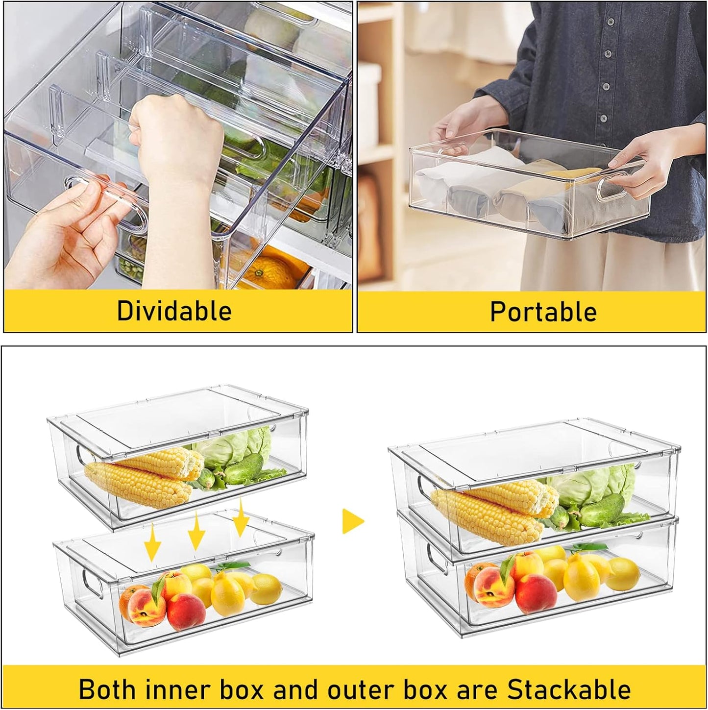 4 Pack Refrigerator Organizer Bins with Pull-out Drawer Stackable Clear Fridge Drawer Organizer Fruit Vegetable Storage Containers for Kitchen Pantry Organization (2 Large+2 Small)