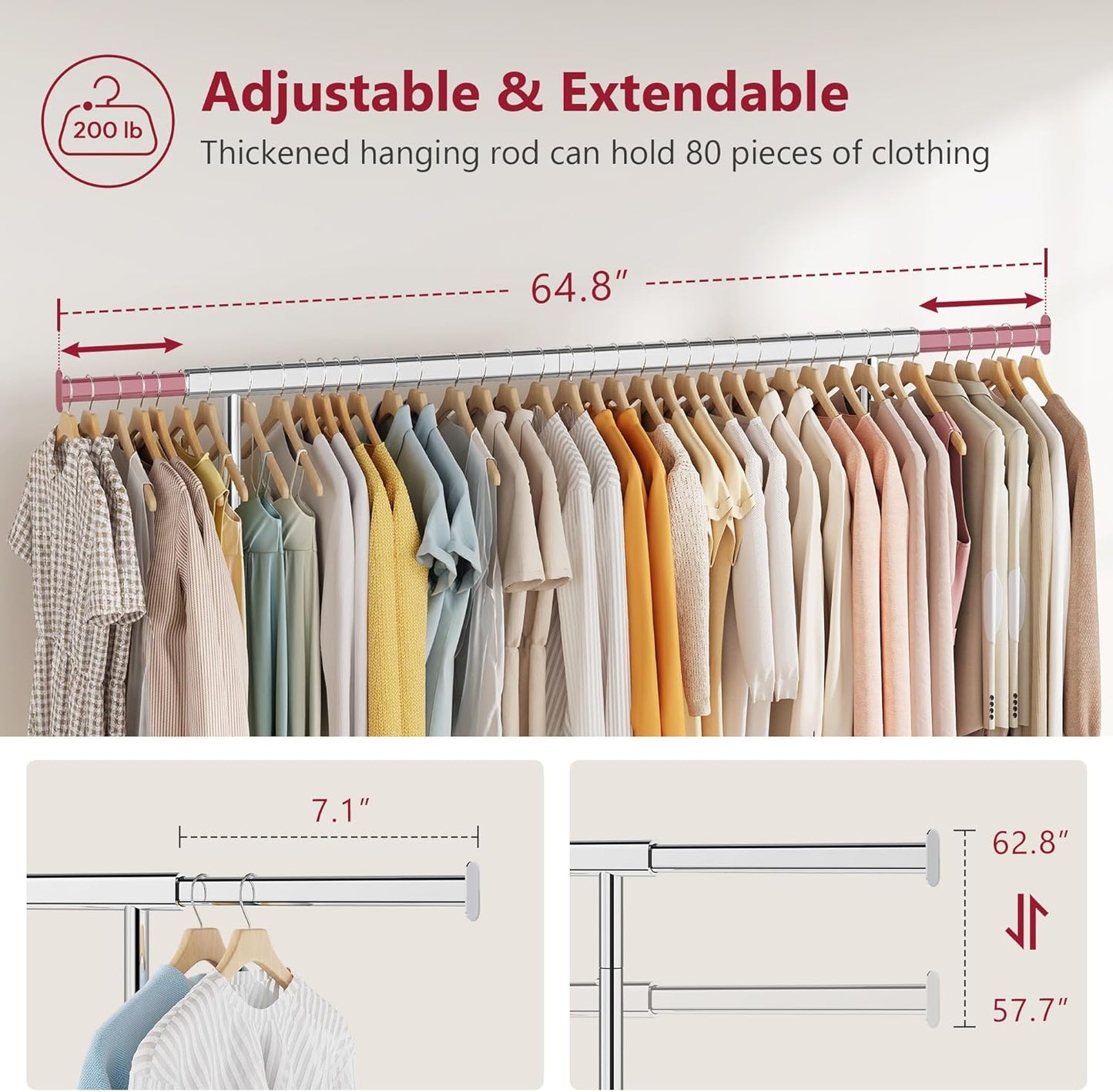 Tajsoon Clothing Rack Heavy Duty Clothes Rack Load 350 LBS, Rolling Clothes Racks for Hanging Clothes with Wheels & Extendable Rod, Collapsible Garment Rack with Bottom Shelf, Commercial, Chrome