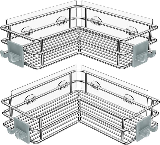 Nieifi Corner Shower Shelves Stainless Steel, Adhesive Shower Caddy Basket Rack with Hooks, Rust Proof for Bathroom Shelf Shampoo Holder (Silver, 2 Pack)