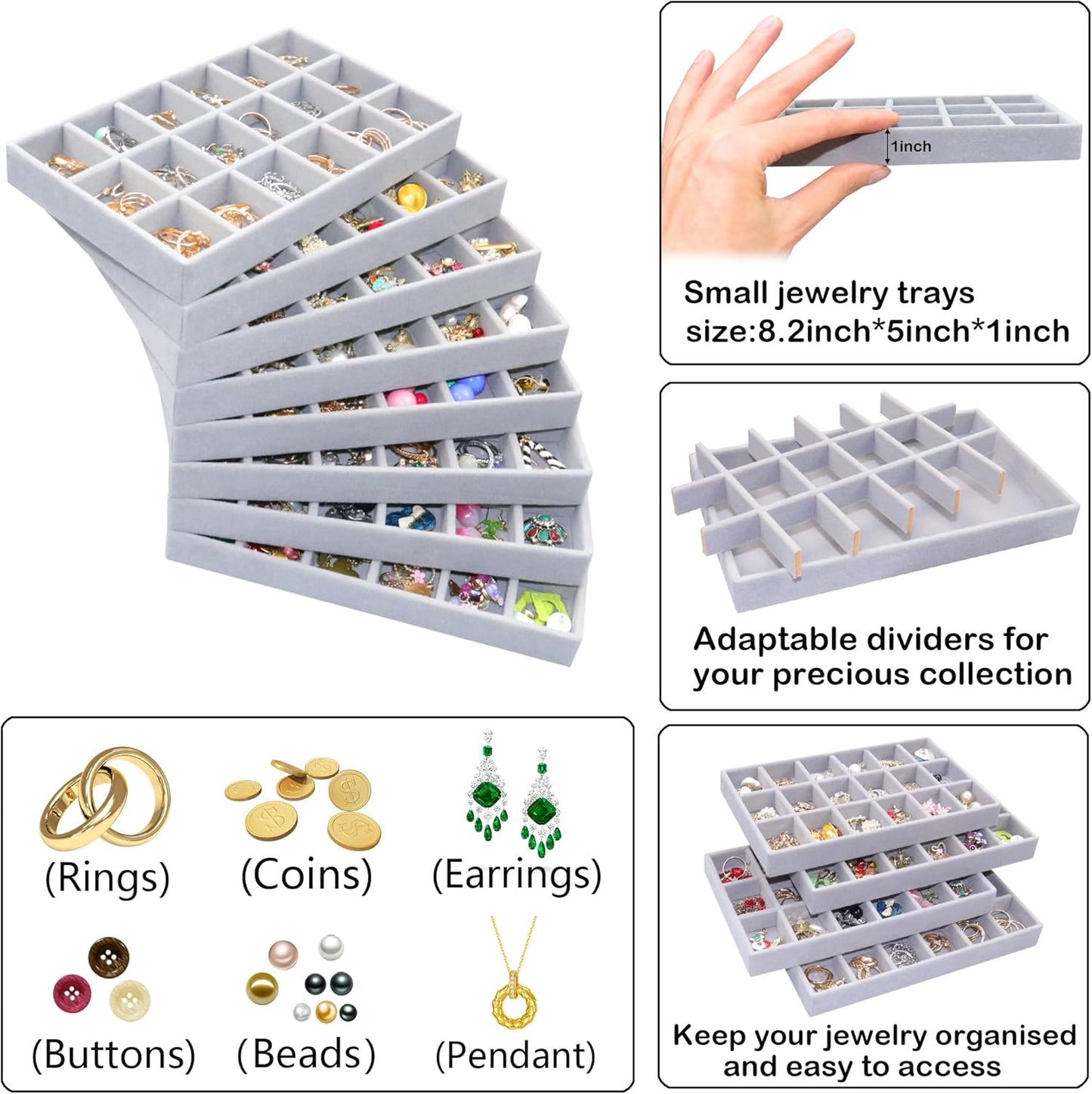 8 Pack Earring Organizer Holder Velvet Jewelry Tray for Drawer Stackable Jewelryy Organizer Divided Display Tray for Earring 18 Grids