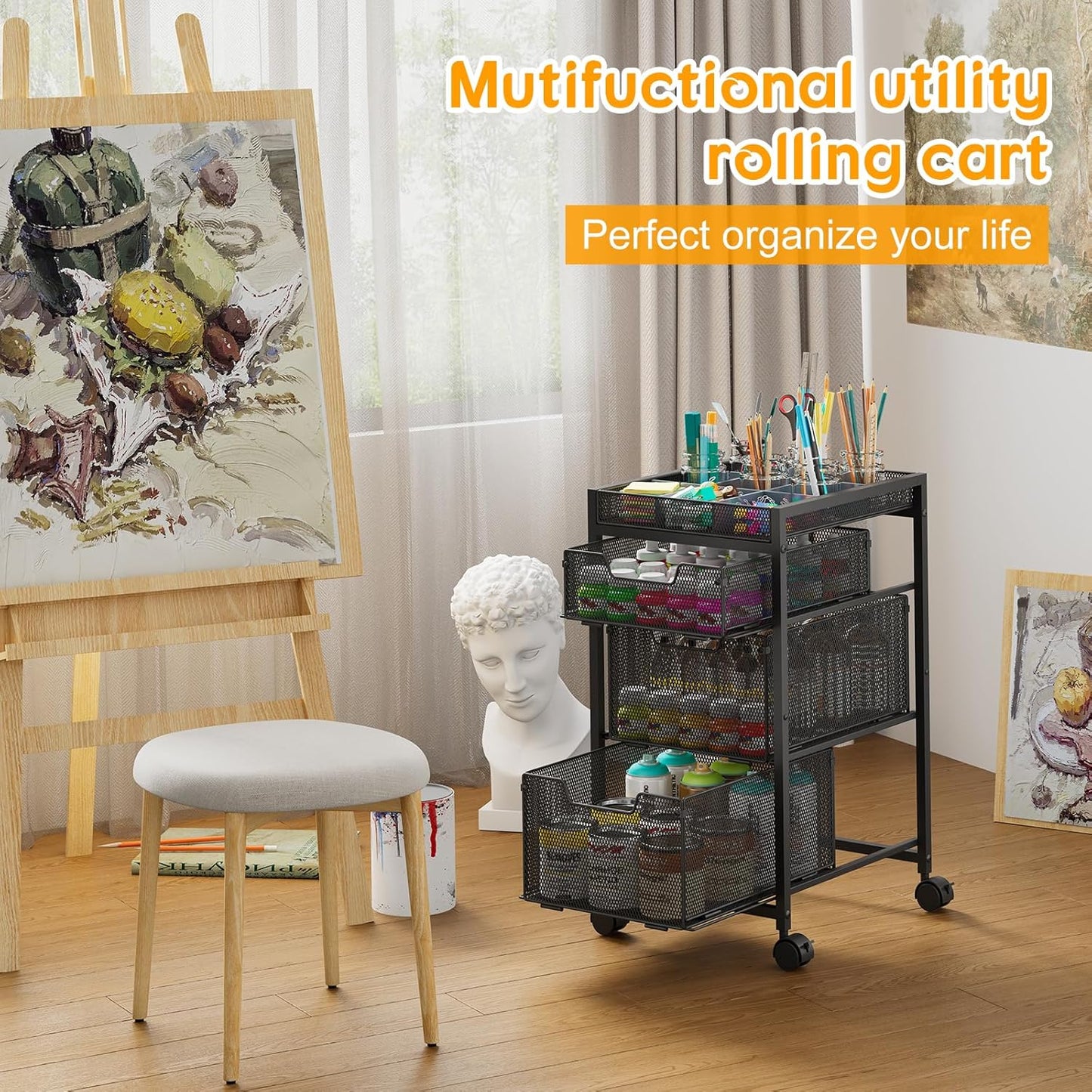 Rolling Utility Cart with 3 Drawers, Craft Organizer and Storage with DIY Divider, Lockable Wheels, Multi-Functional Storage for Art Supplies, Store for Brushes & Paints & Small Parts(Patent Pending)