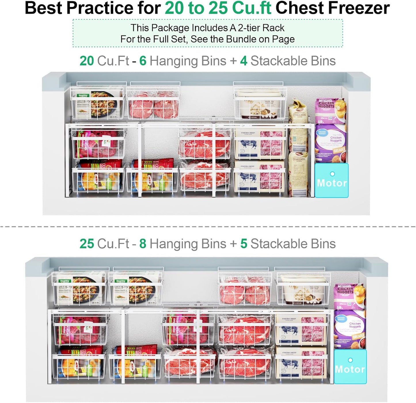 iSPECLE 2 Tier Freezer Rack Organizer - Fits 20 to 25 Cu.Ft Large Chest Freezer, Divided into 3 Layers for Easy Access, White
