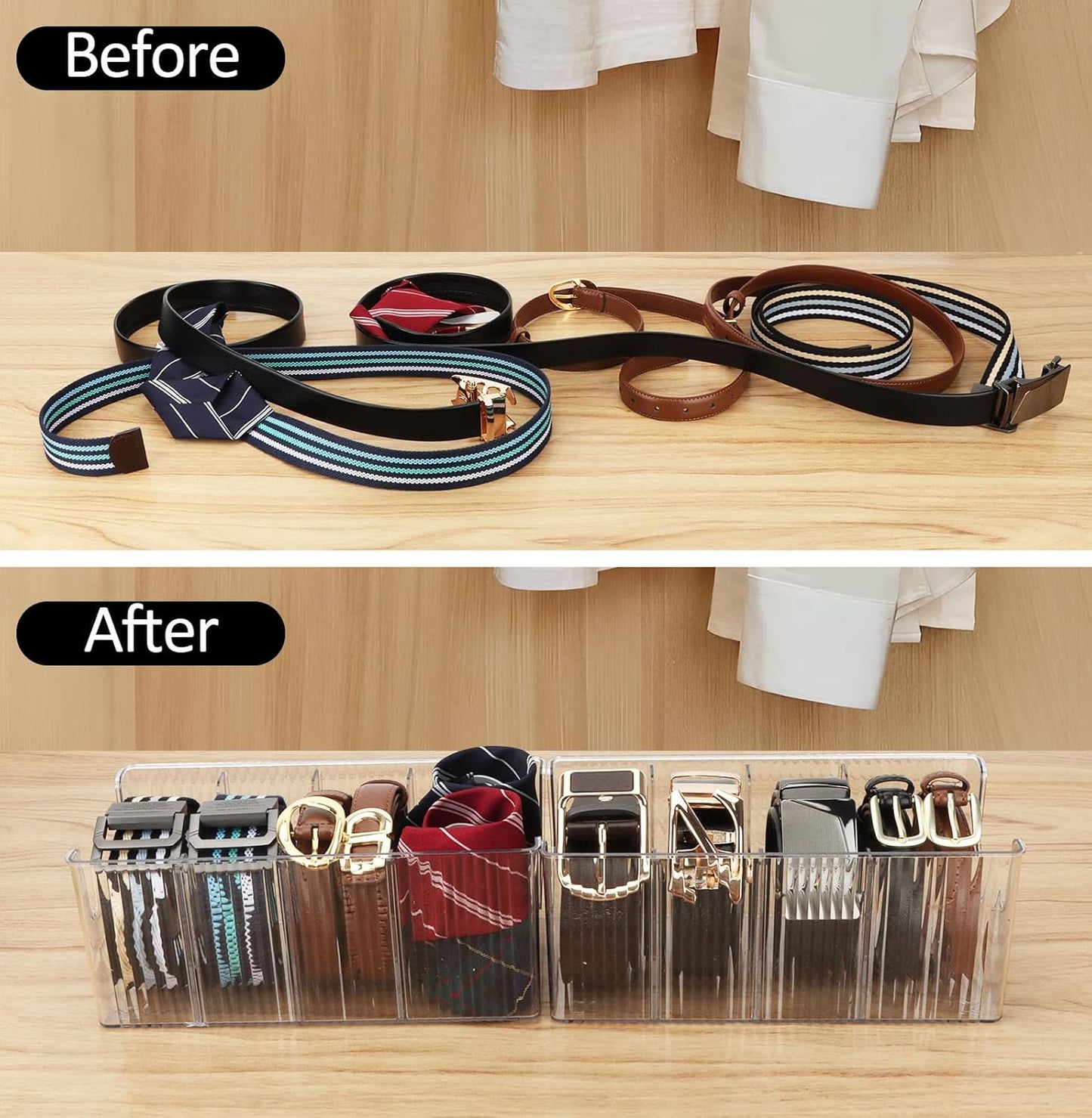 Acrylic Belt Organizer with Adjustable 4 Compartments & Stackable Design, Clear Storage for Closet and Drawer Organization