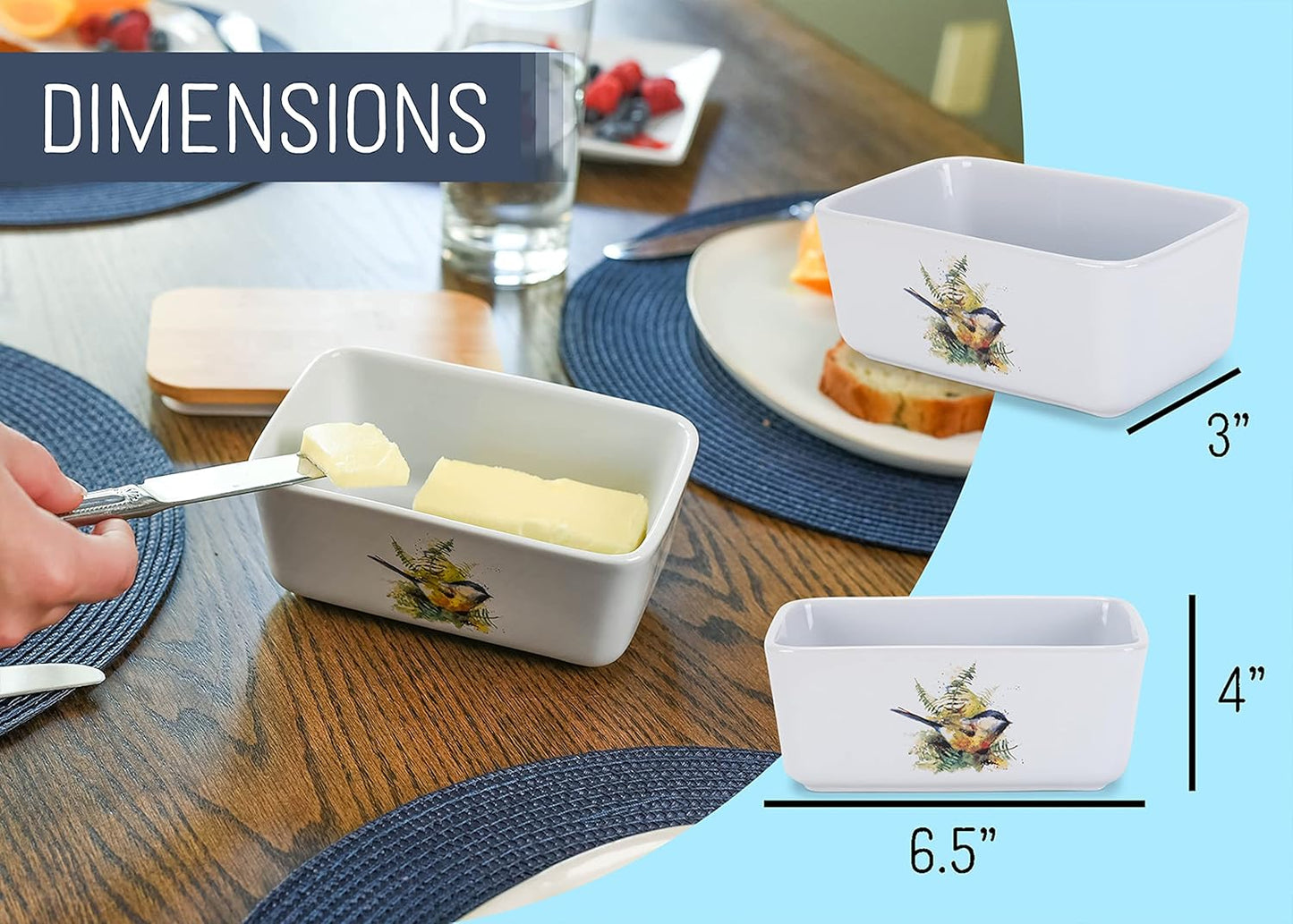 Nat & Jules Dean Crouser Ceramic Stoneware 1/2 Pound, 2 Sticks Butter Dish Airtight Bamboo Lid, Kitchen Accessory, Container Holder, Refrigerator Storage, Countertop Organization, Watercolor Chickadee