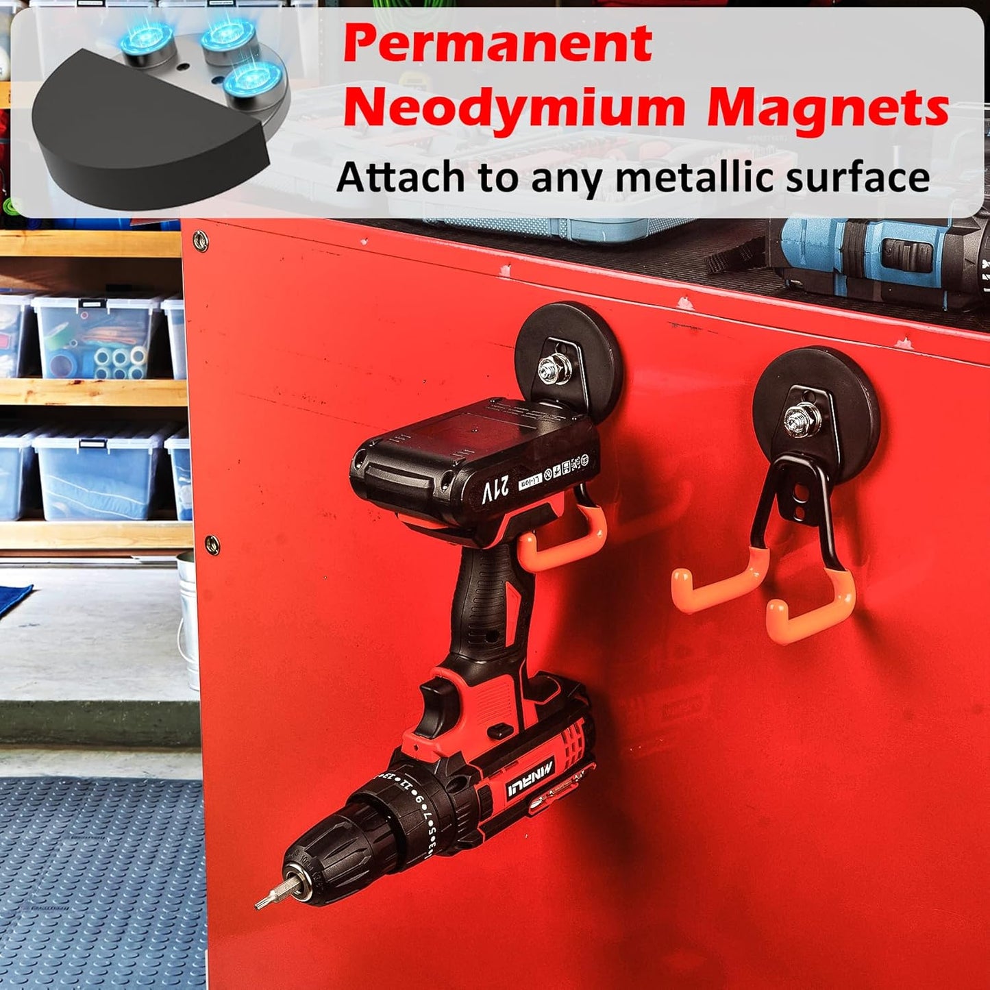 MUTUACTOR Updated Magnetic Hooks Heavy Duty,20lbs Anti-Scratch Strong Garage Magnet Hook,2PCS Anti-Slip Magnetic Tool Hooks for Organizing Cordless Impact Drivers Garden Shovel Tool Box