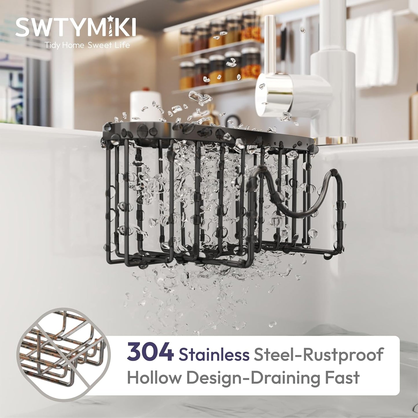 SWTYMIKI Sponge Holder for Kitchen Sink - Movable Kitchen Sink Caddy with M Shape Hook, Stainless Steel Hanging Sponges Caddy Organizer in Double Bowl Sinks Depth>3.15in, Middle divider<1.5in, Black