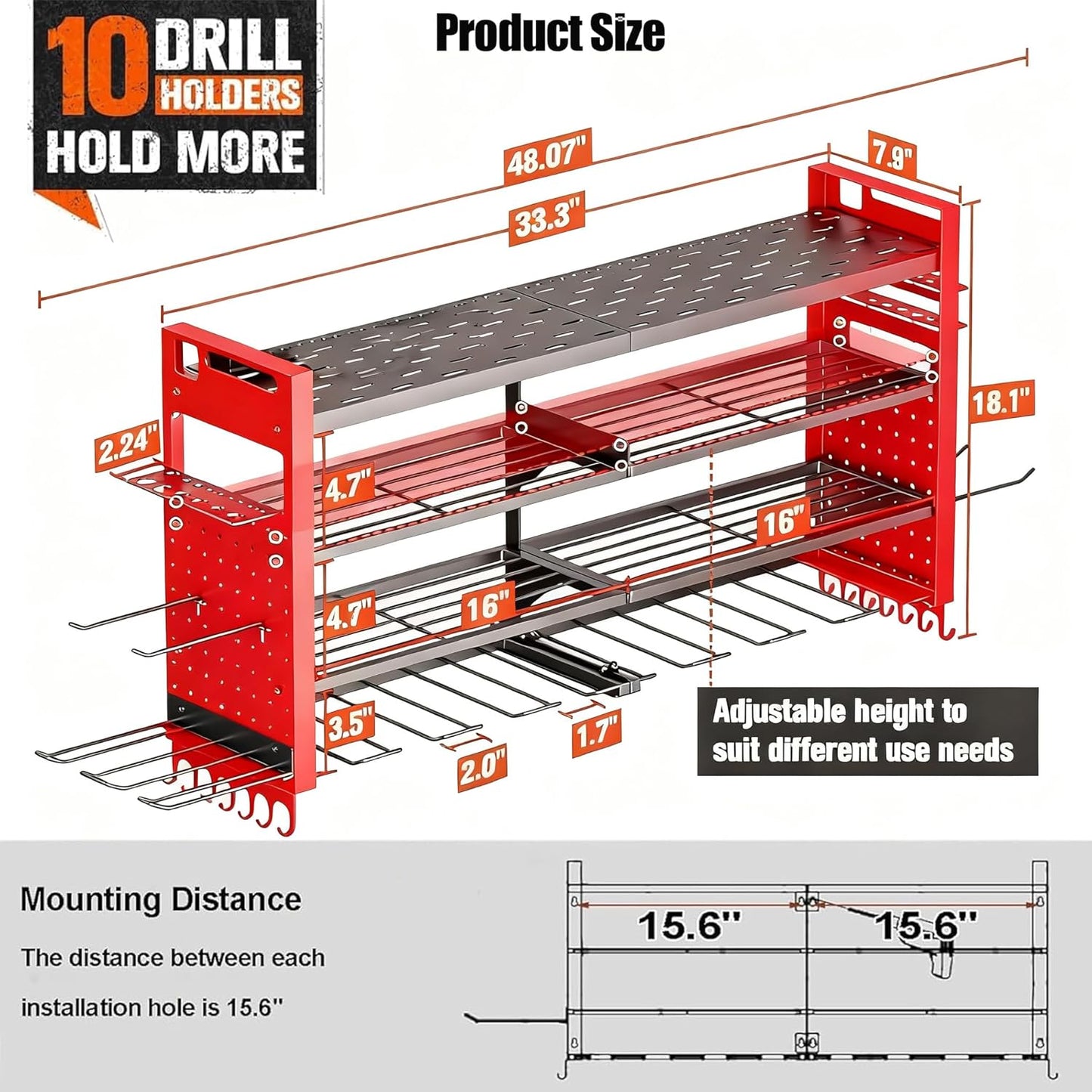 Heavy Duty Power Tool Organizer Wall Mount,Garage Organization with 10 Drill Holder, 4 Layers Tool Organizers and Storage for Workshop,Red