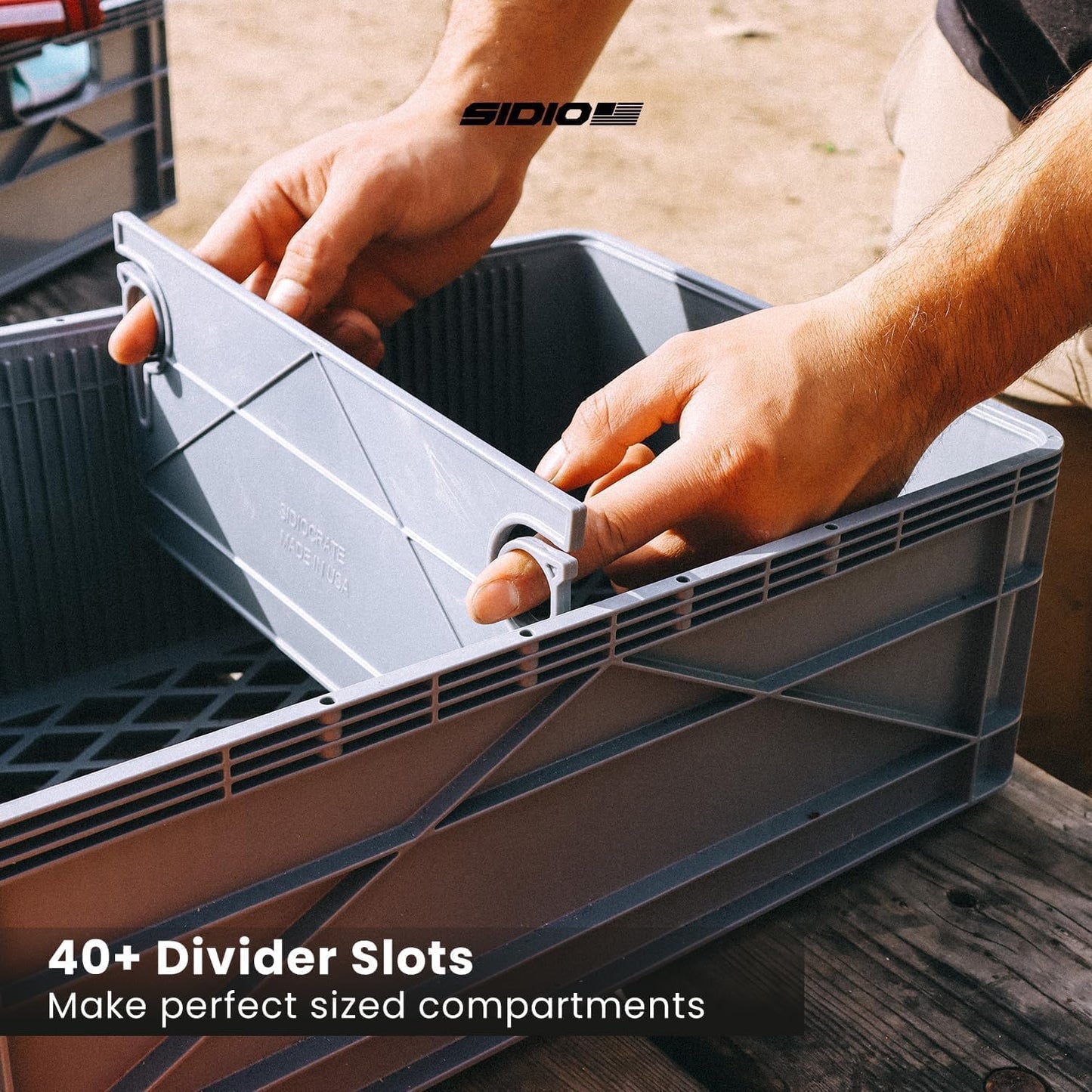 SIDIO Weather Resistant Stackable Storage Bins for Organization - Half-Size Plastic Bin with Dividers for Garage Organization, Home Storage - Heavy Duty Organizer Box (Tan)