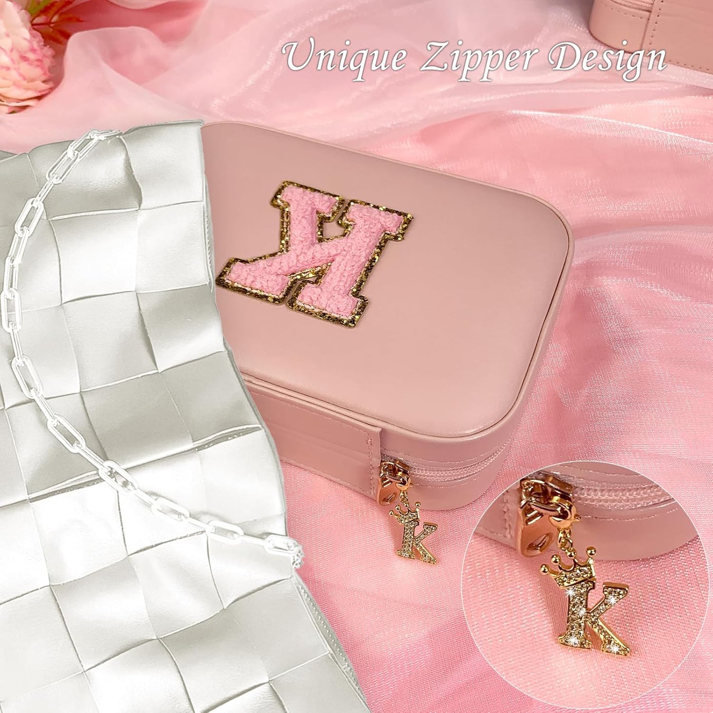 TopPerfekt Travel Jewelry Case, Jewelry Box with Mirror, Jewelry Organizer Bridal Shower Gifts to Her, Earring Storage Travel Case, Trendy Gift for Women and Girls, Girlfriend-Letter A, Pink