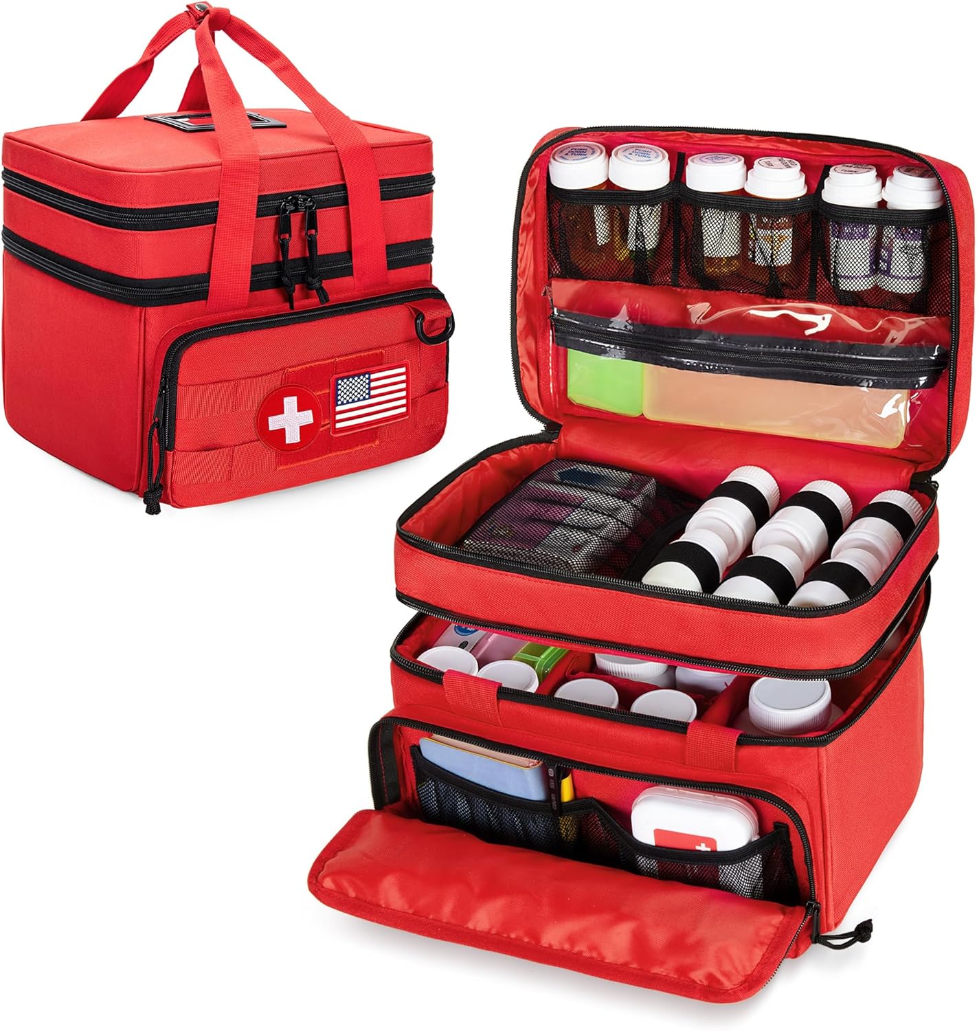 CURMIO Tactical Pill Bottle Organizer Case, Double Layers Medicine Storage Bag for Medication Bottles, Vitamins, Medical Supplies, Red (Bag Only)
