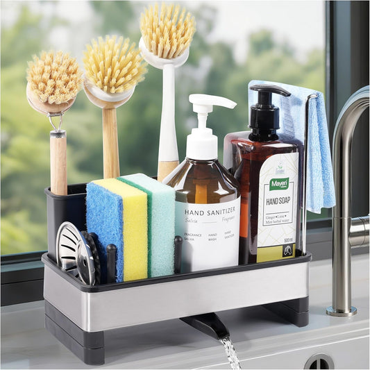 Kitchen Sink Caddy Organizer with Dish Brush Holder, Stainless Steel Sponge Holder with Dish Cloth Rack, Soap Sponge Caddy for Kitchen Countertop Sink Organizer and Storage Essentials