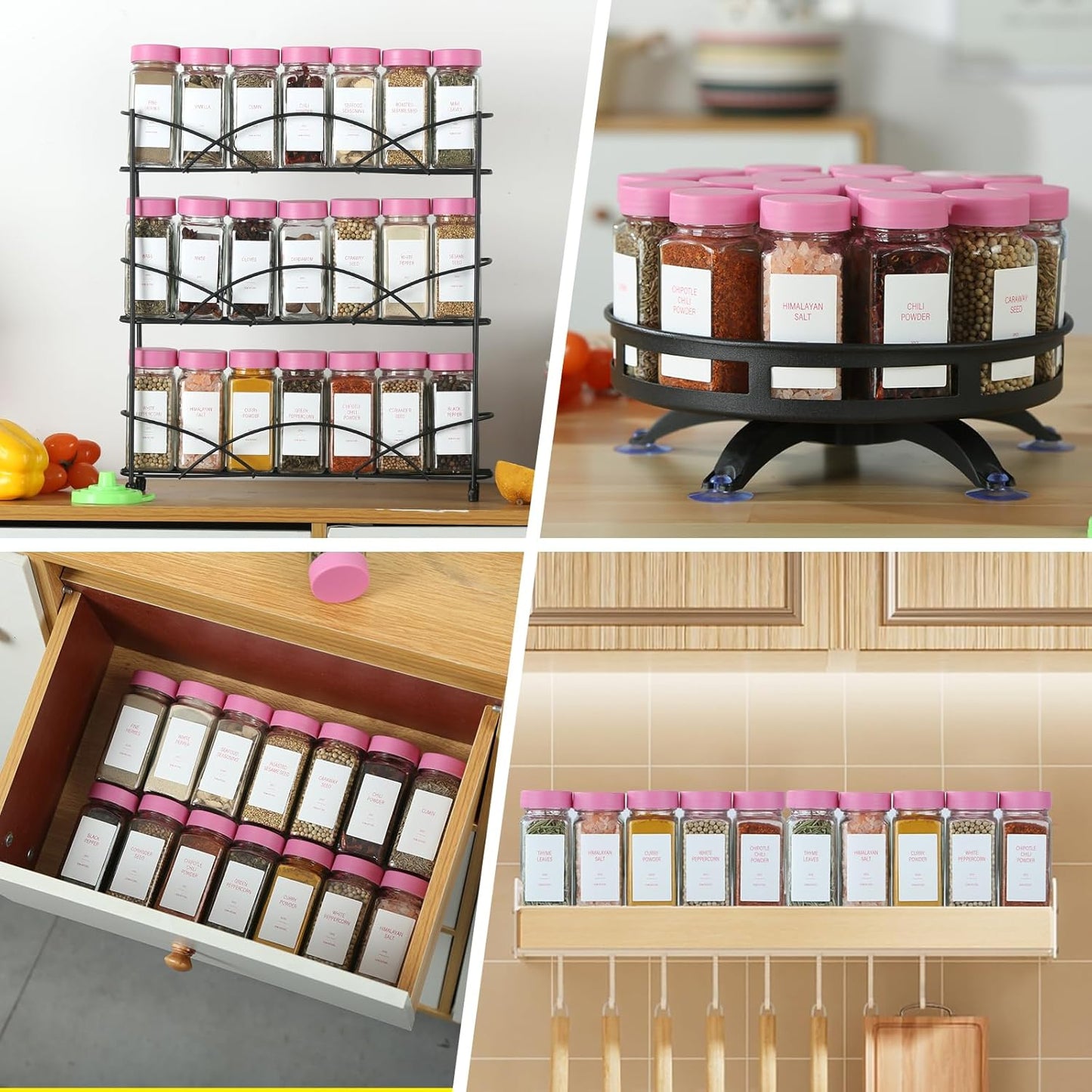 Pink Spice Jars with Label，4oz Seasoning Containers, Glass Spice Bottles with Shaker Lids,Funnel, Chalk Pen (Pink, 24)
