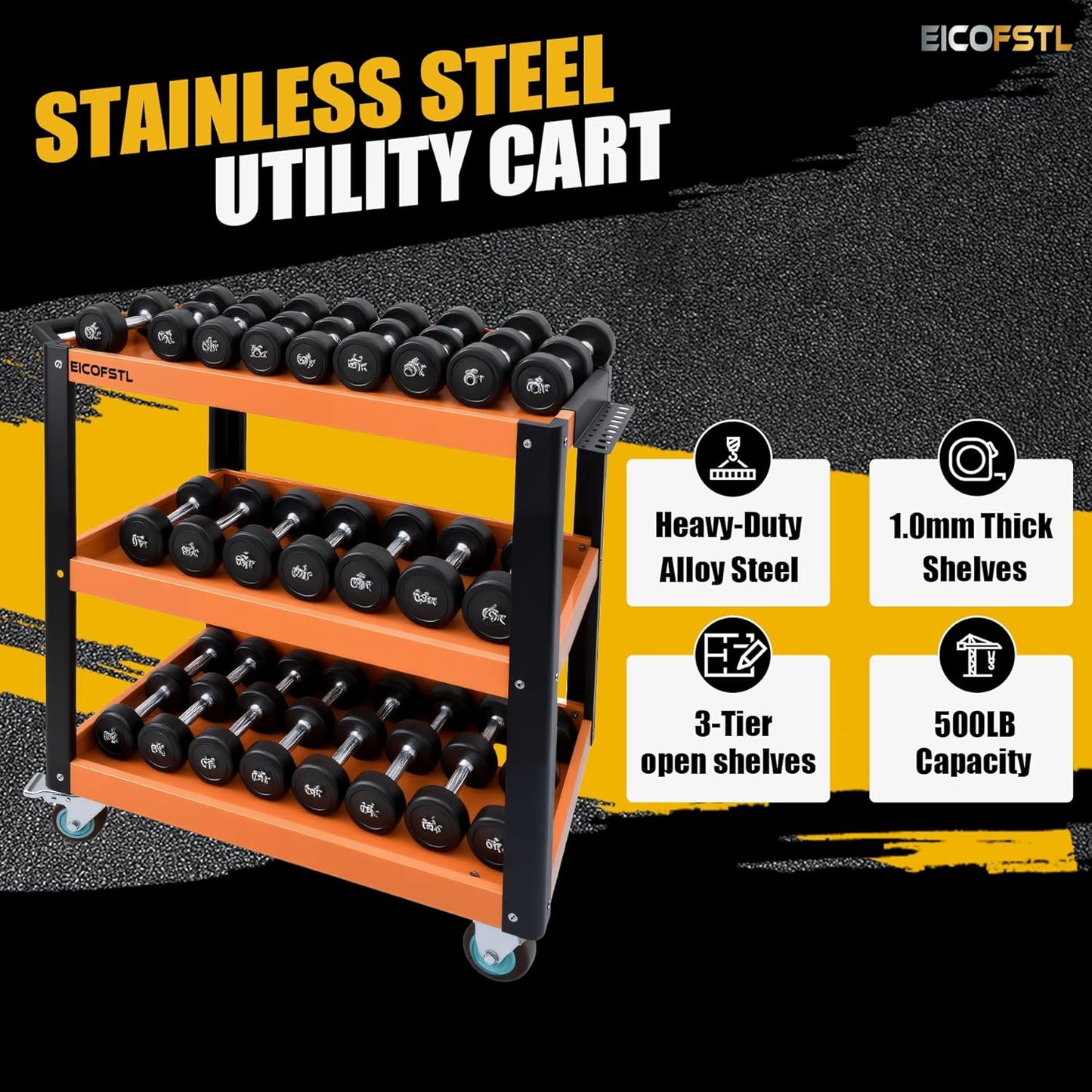 Stainless Steel Tool Cart, Heavy-Duty 3-Tier Alloy Steel Utility Cart with Screwdriver Holder & 4 Wheels (2 Locking Casters), 500LB Capacity for Garage, Workshop Tool Storage