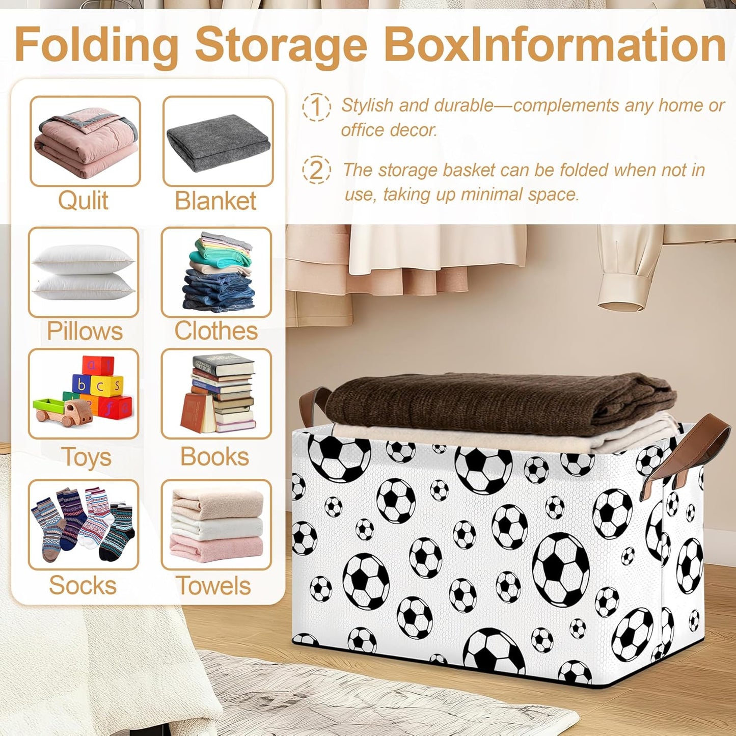 Black Soccer Football Storage Bins with Handles, Collapsible Storage for Clothes, Gift Basket, Blankets & Closet Organization