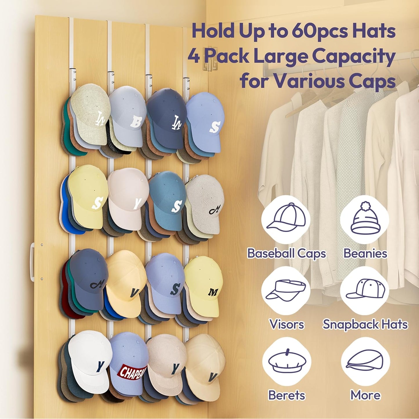 SWTYMIKI Over Door Hat Organizer - 4 Packs Metal Hanging Hat Rack with 16 Hooks Design, Baseball Cap Hanger Organizer Storage Holds up to 80 Caps for Door, Bedroom, Closet