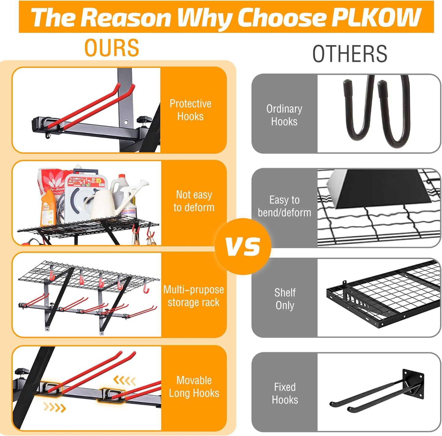 PLKOW Wall-Mounted Ski Rack, Skis Storage Rack for Garage Shed with Top Storage Shelf, Customizable Spacing, Supports Up to 280 lbs, Steel, 1-Pack