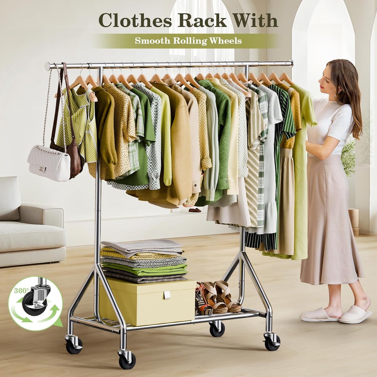 Clothes Rack Load 450 LBS, Heavy Duty Garment Rack, Standing Rolling Metal Hanging Clothes with Sturdy Wheels & Shelves, Silver