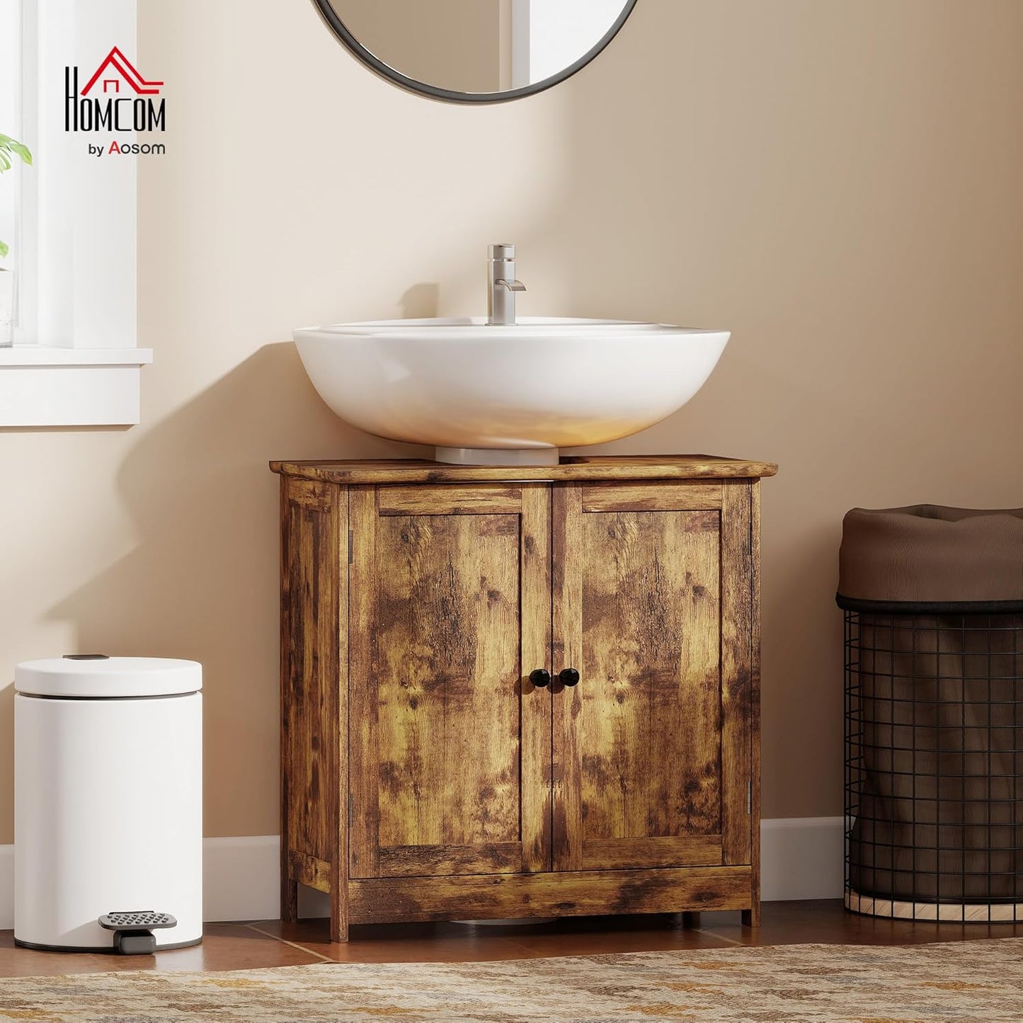 HOMCOM Under Sink Bathroom Cabinet, Pedestal Sink Storage Cabinet with 2 Doors, Shelf and U-Shape, Rustic Brown