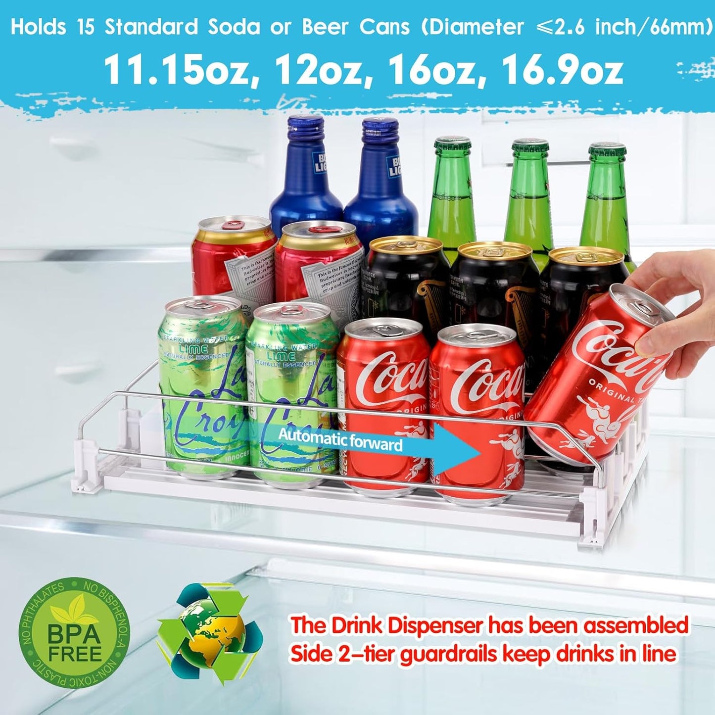 Automatic Soda Can Organizer Refrigerator Can Dispenser for Beer Soda Seltzer already Assembled Drink Pop Can Holder Self-Pushing Drink Organizer for Fridge Storage 15 cans of 11.15oz 12oz 16oz 16.9oz