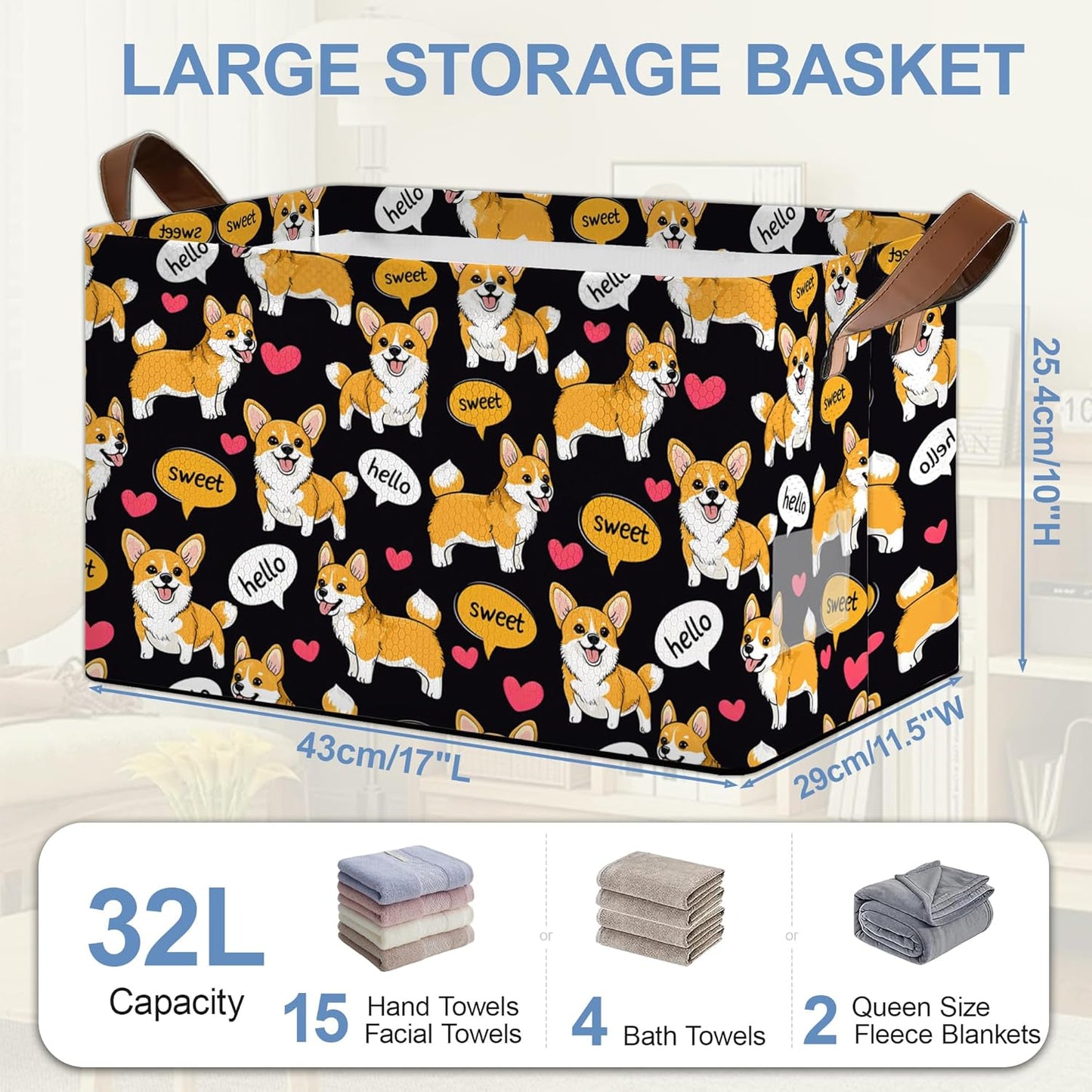 Cute Corgi Dog Storage Basket,Sweet Collapsible Storage Bin Cubes for Living Room Bedroom Blankets Home Storage 17x11.5x10Inch