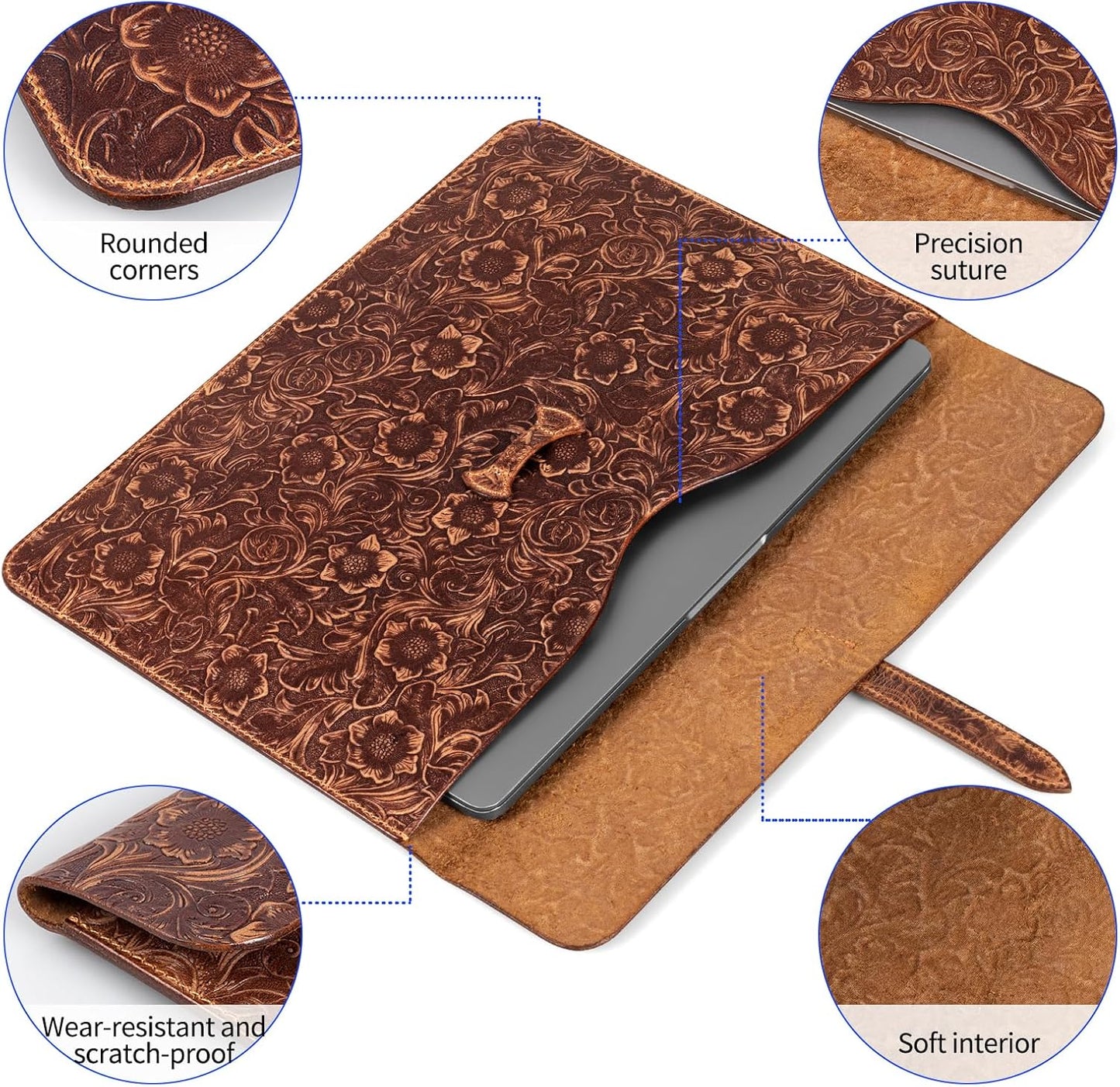 Genuine Leather Laptop Sleeve,Compatible with MacBook Pro 14 Inch M4 M3 M2 M1 Pro/Max Cover,Vintage Protective Computer Case with Floral Pattern,Buckle Brown