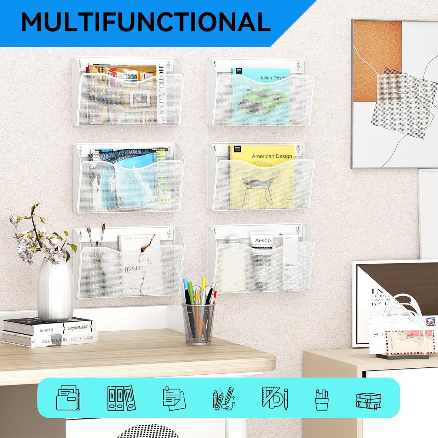 Single Pocket Wall File Holder, Mesh Hanging File Folder Paper Organizer, Vertical Wall Mounted Mail Basket, Storage Organization Magazine Rack for Office, Home and School, White