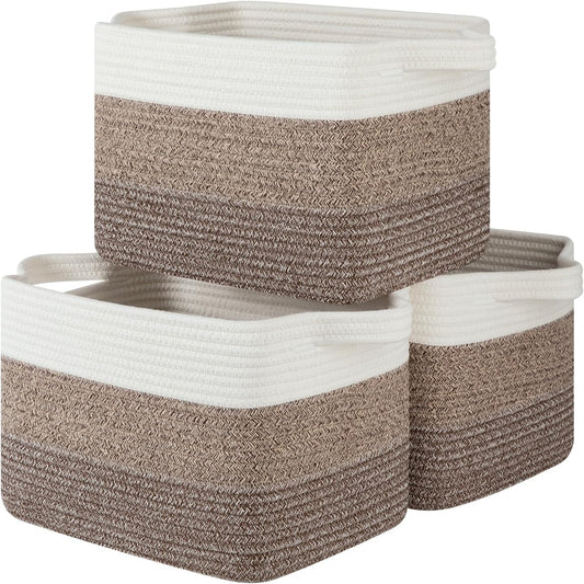 Storage Baskets for Organizing, Woven Baskets for Shelves, Rectangle Decorative Organizer for Storage Clothes, Toy, Books, Towels Nursery Bins 3 Pack (Gradient Dark Brown, 13"x9.85"x8.7")