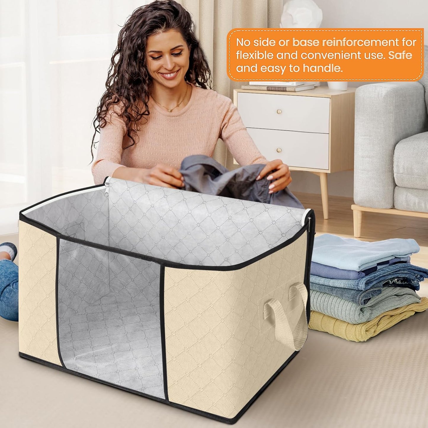 Fab totes 24 Gallons Clothes Storage, Foldable Thick Fabric Blanket Storage Bags, Containers for Organizing Bedroom, Closet, Clothing, Comforter, Organization with Handle (3 Pack,Beige)