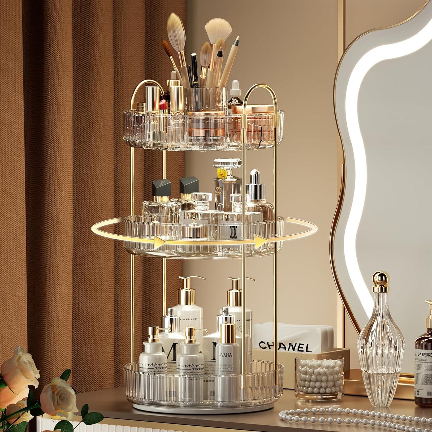 YCIA&DONE Rotating Makeup Organizer for Vanity, Large Capacity Make Up Storage Skin care Shelf Perfume Holders Cosmetic Dresser Organizer Countertop Spinning 360 (White Clear, 3Tiers)