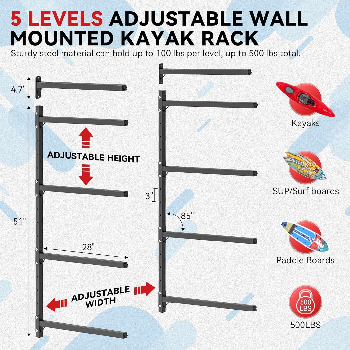 Kayak Storage Rack Wall Mount Adjustable 5 Levels Kayak Rack Wall Hanger Holder for Paddle Boards Surfboard Canoe Kayak Paddle Holder for Garage Indoor Outdoor